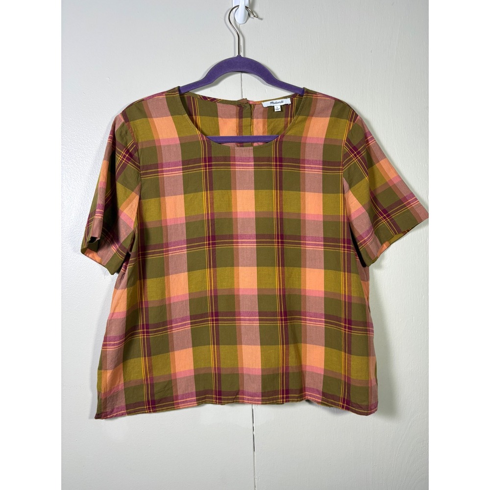 Madewell Plaid Button Back Cotton Top Short Sleeve Blouse L Autumn Fall Preppy